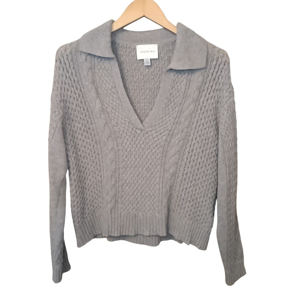 Jason Wu Women's Gray Wool Cable Knit Sweater Collared V Neck Long Sleeve Medium